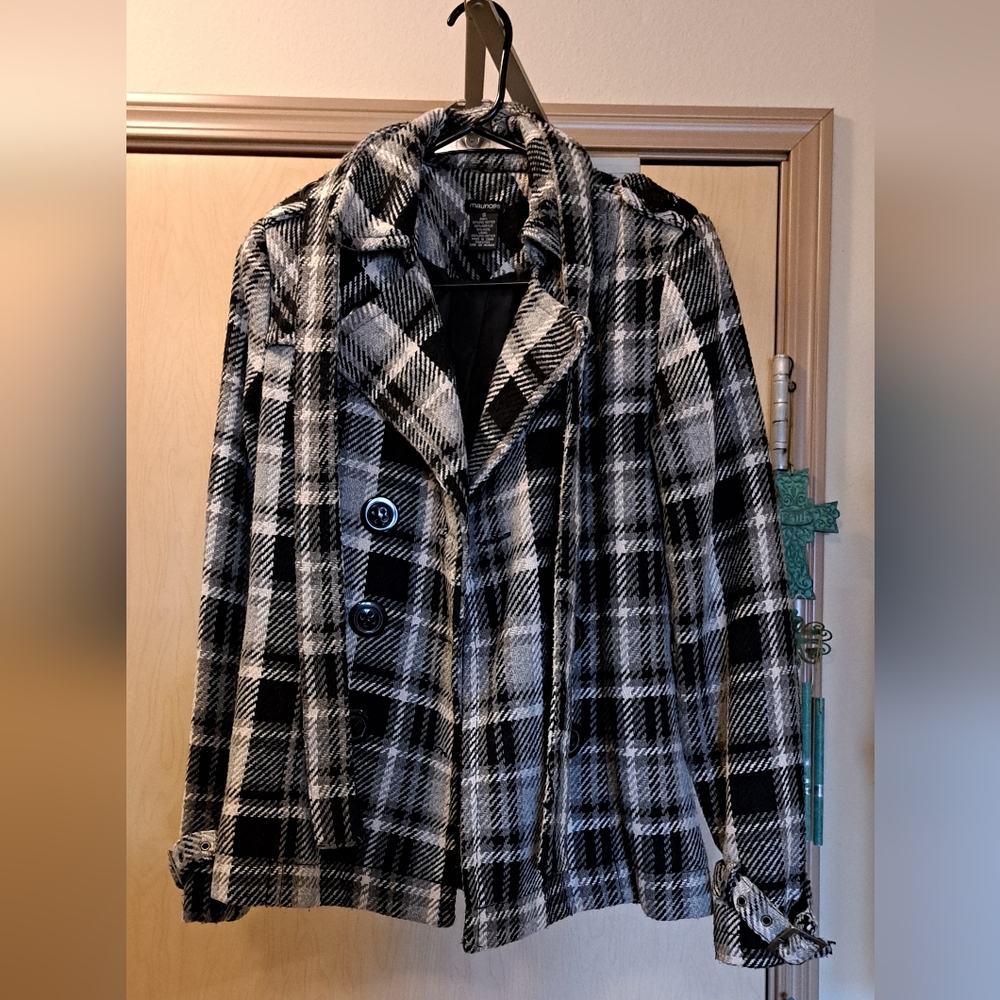 Black, gray and white plaid, button-up jacket from Maurices. - Picture 2 of 3
